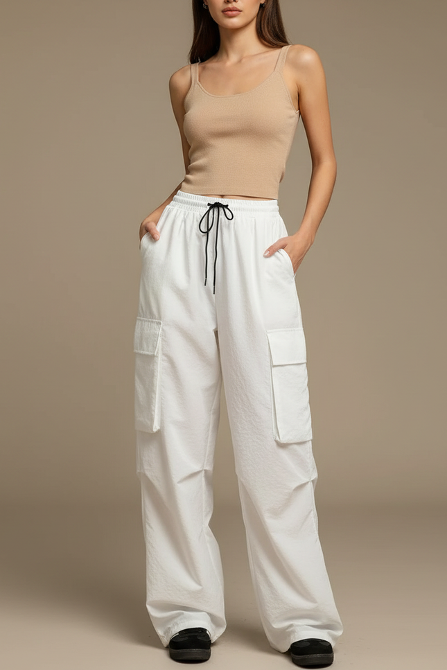 Pantalon Blanc Cargo Fluide Femme Ample Décontracté - Polyester