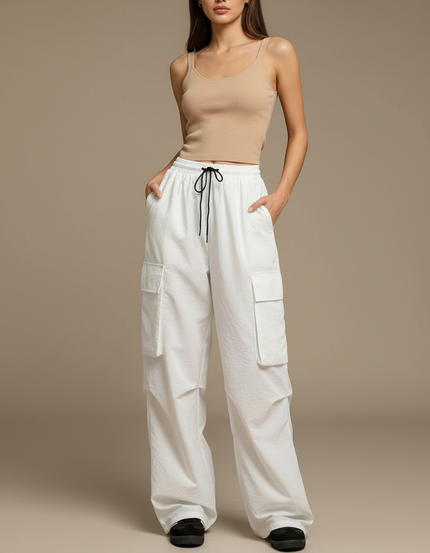 Pantalon Blanc Cargo Fluide Femme Ample Décontracté - Polyester