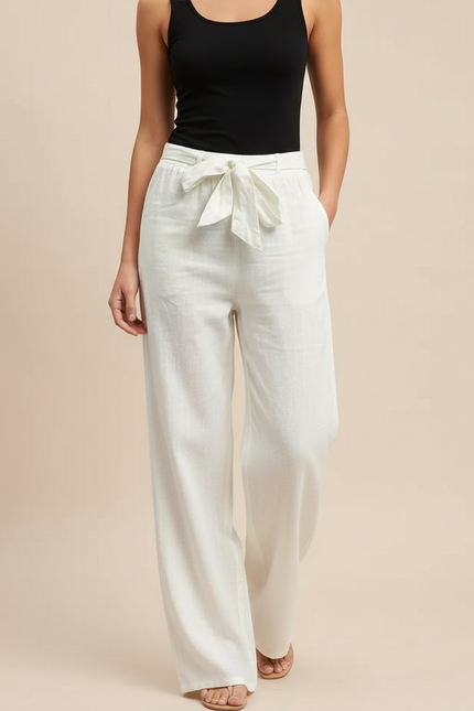 Pantalon Blanc Lin Fluide Ample Décontracté Cordon Femme