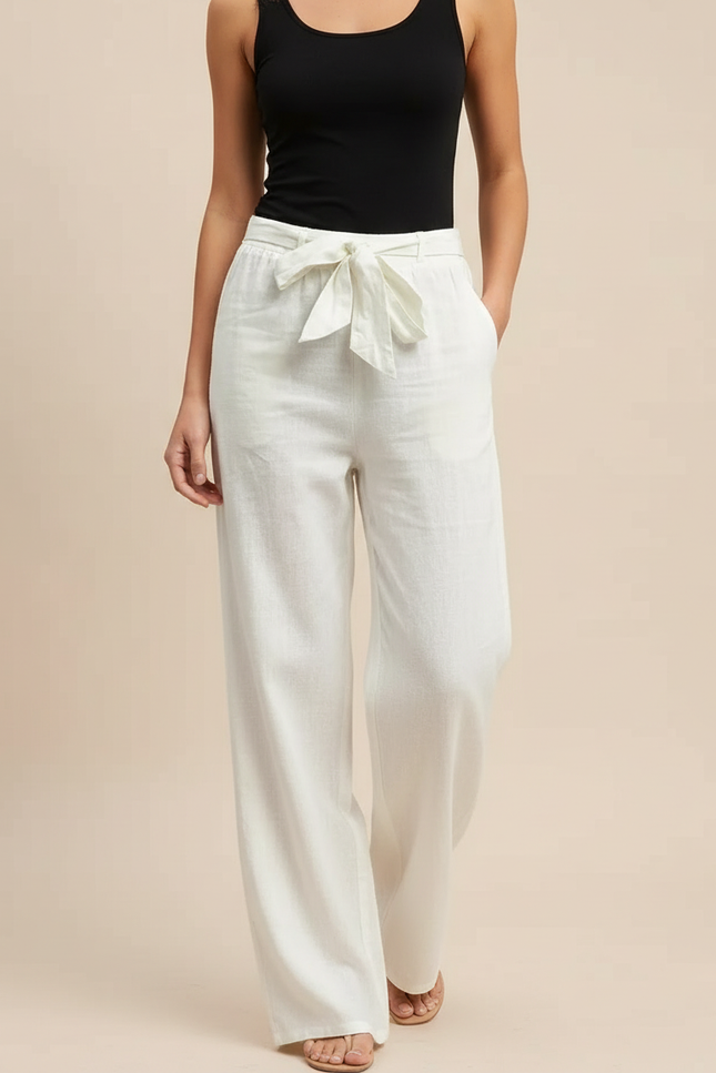 Pantalon Blanc Lin Fluide Ample Décontracté Cordon Femme