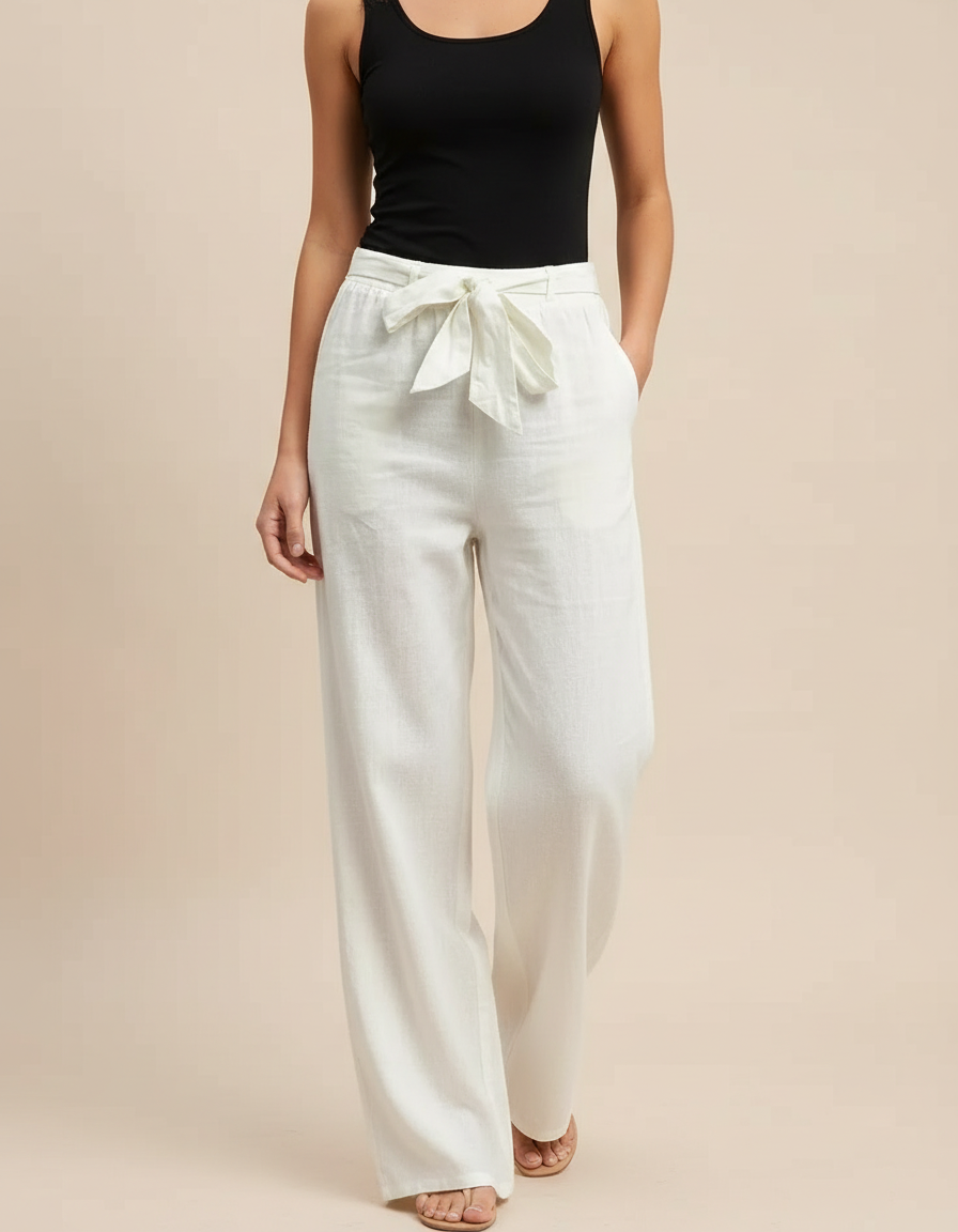 Pantalon Blanc Lin Fluide Ample Décontracté Cordon Femme