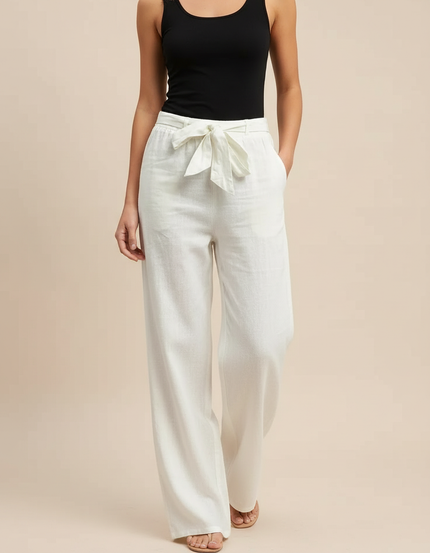 Pantalon Blanc Lin Fluide Ample Décontracté Cordon Femme