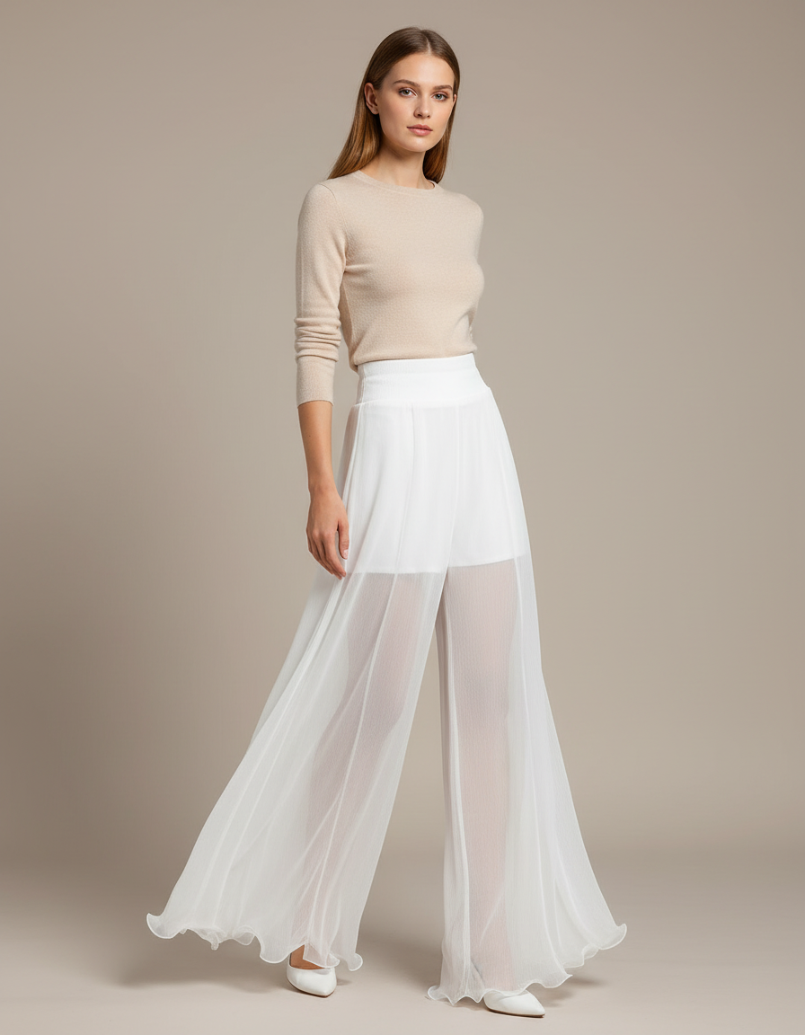 Pantalon Blanc Fluide Gaze Taille Haute Élégant - Polyester