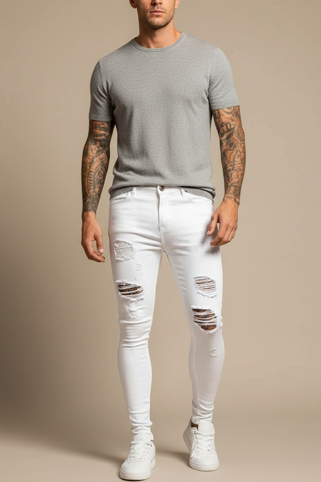 Pantalon Blanc Déchiré Skinny Denim Homme - Jean