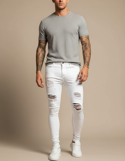 Pantalon Blanc Déchiré Skinny Denim Homme - Jean
