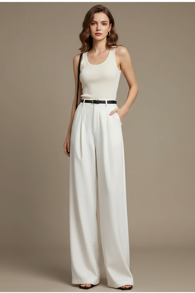Pantalon Blanc Fluide Large Plissé Élégant Femme - Polyester