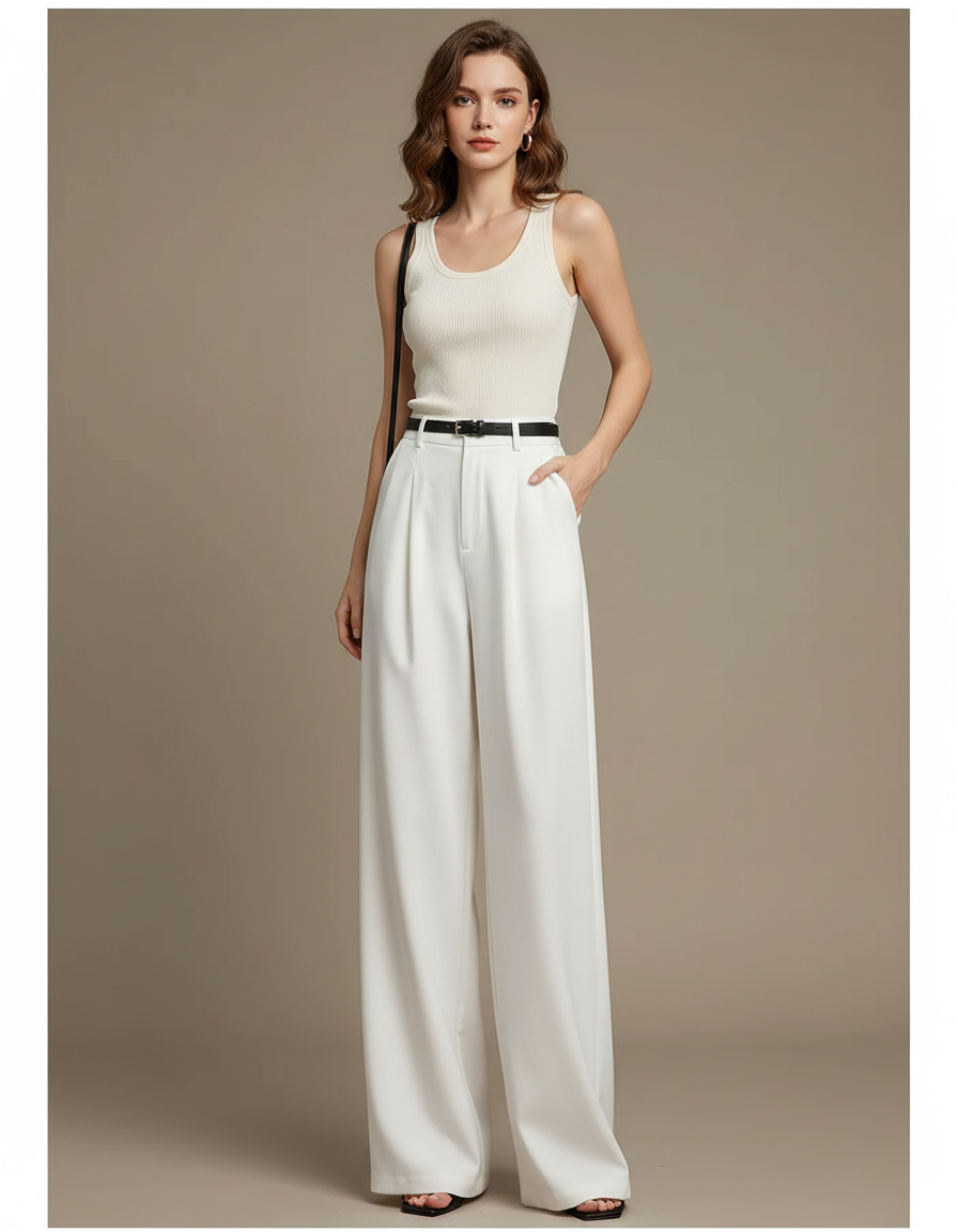Pantalon Blanc Fluide Large Plissé Élégant Femme - Polyester