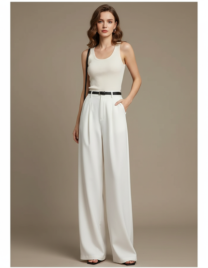 Pantalon Blanc Fluide Large Plissé Élégant Femme - Polyester