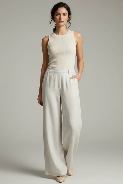 Pantalon Blanc Fluide Lin Coton Ample Décontracté