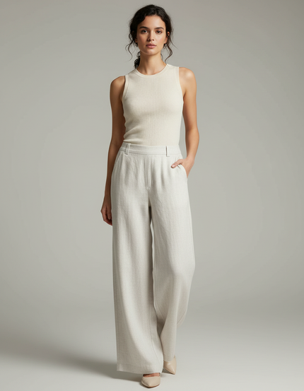 Pantalon Blanc Fluide Lin Coton Ample Décontracté