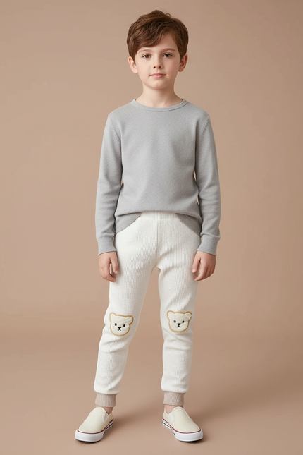 Pantalon Blanc Côtelé Ours Confortable Bébé Garçon Fille - Cordé