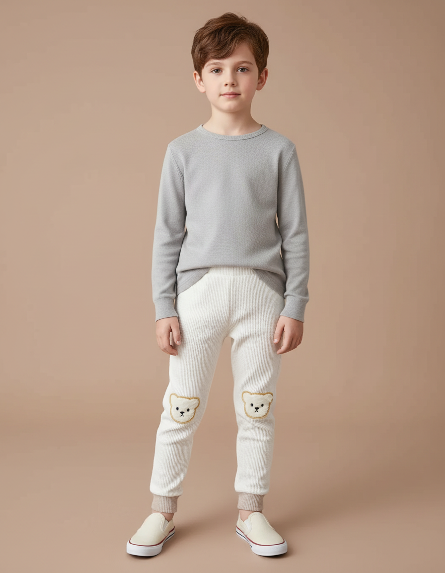 Pantalon Blanc Côtelé Ours Confortable Bébé Garçon Fille - Cordé