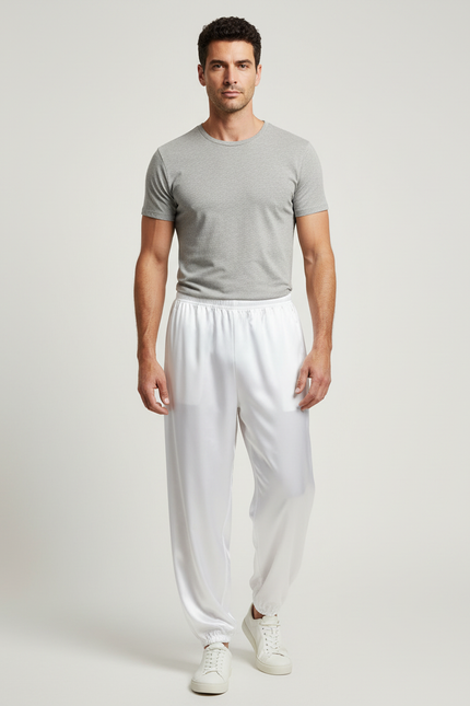 Pantalon Blanc Satiné Ample Élastique Sport Homme