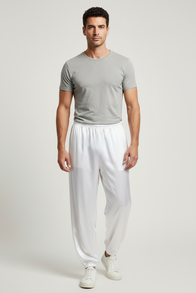 Pantalon Blanc Satiné Ample Élastique Sport Homme