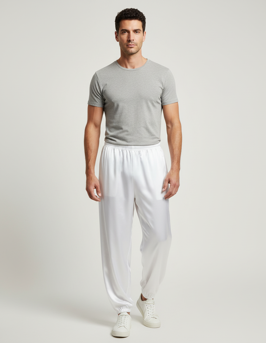 Pantalon Blanc Satiné Ample Élastique Sport Homme