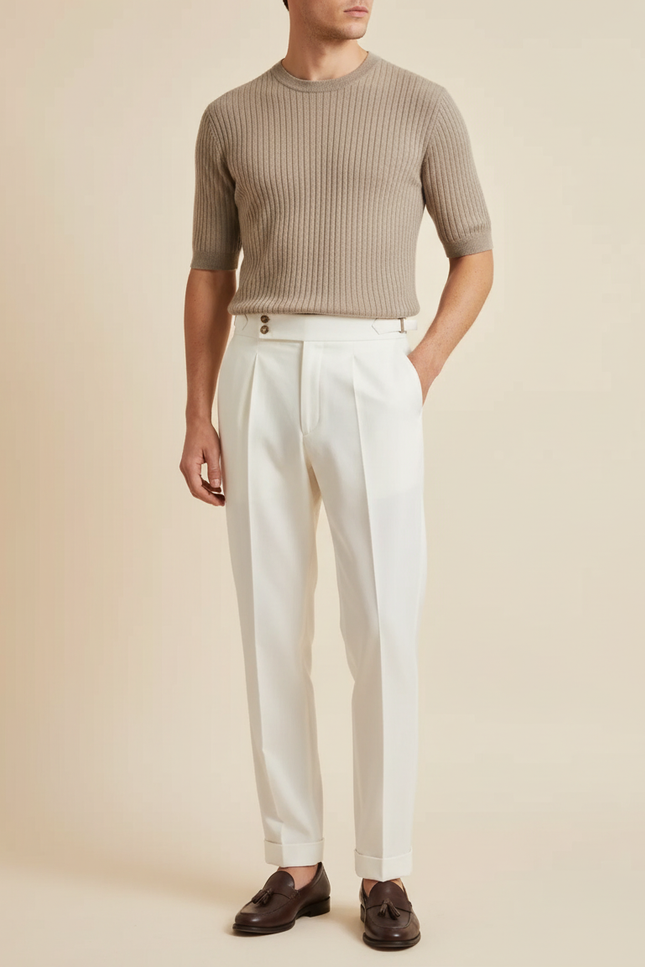 Pantalon Blanc Plissé Droit Homme Élégant Formel - Gabardine