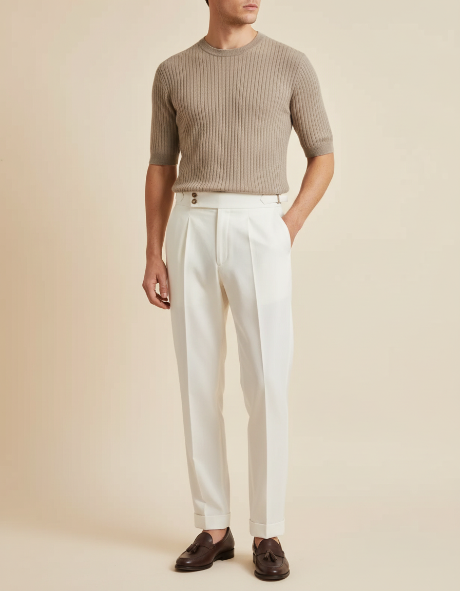 Pantalon Blanc Plissé Droit Homme Élégant Formel - Gabardine