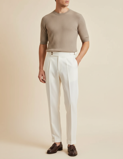 Pantalon Blanc Plissé Droit Homme Élégant Formel - Gabardine