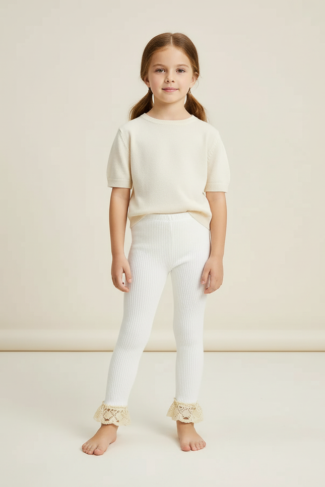 Pantalon Blanc Côtelé Tricoté Dentelle Enfant Fille - Maille