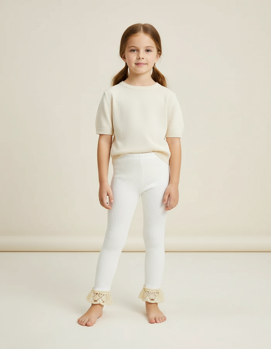 Pantalon Blanc Côtelé Tricoté Dentelle Enfant Fille - Maille