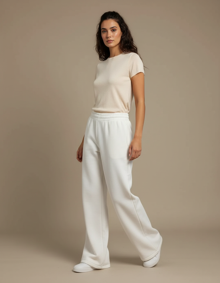 Pantalon Blanc Ample Molletonné Décontracté Femme