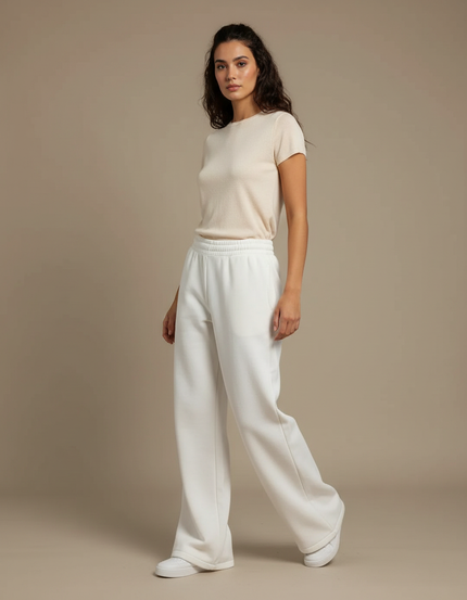 Pantalon Blanc Ample Molletonné Décontracté Femme