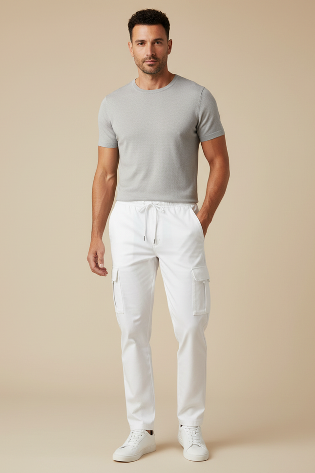 Pantalon Blanc Cargo Homme Décontracté Cordon Multi-poches - Gabardine