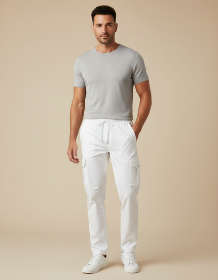 Pantalon Blanc Cargo Homme Décontracté Cordon Multi-poches - Gabardine