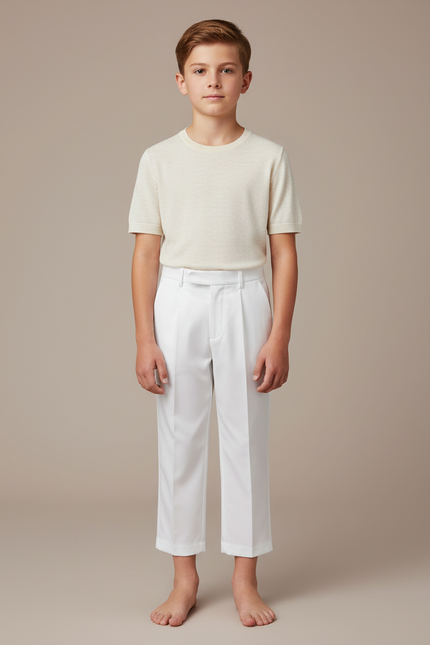 Pantalon Blanc Droit Plissé Élégant Garçon Formel - Gabardine
