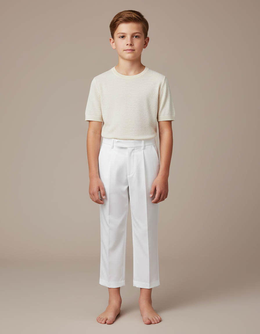Pantalon Blanc Droit Plissé Élégant Garçon Formel - Gabardine