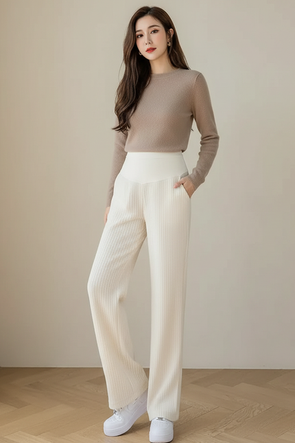 Pantalon Blanc Côtelé Ample Taille Haute Femme - Maille