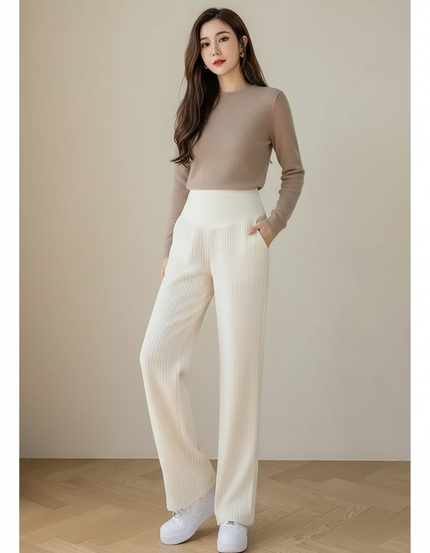 Pantalon Blanc Côtelé Ample Taille Haute Femme - Maille