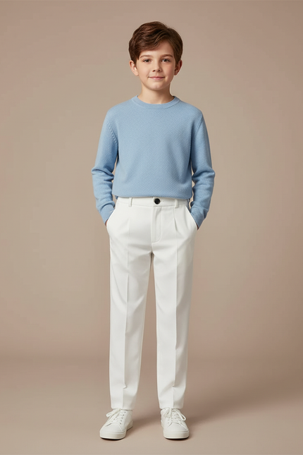 Pantalon Blanc Droit Plissé Garçon Élégant Formel - Gabardine