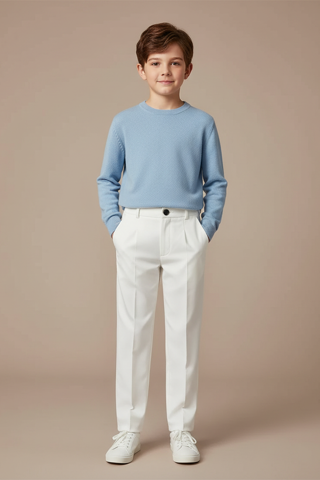 Pantalon Blanc Droit Plissé Garçon Élégant Formel - Gabardine