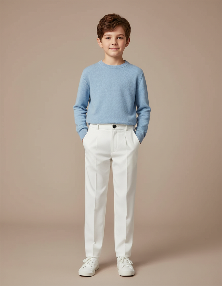 Pantalon Blanc Droit Plissé Garçon Élégant Formel - Gabardine