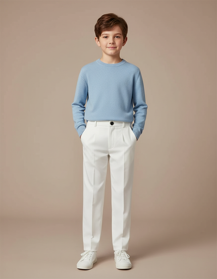 Pantalon Blanc Droit Plissé Garçon Élégant Formel - Gabardine