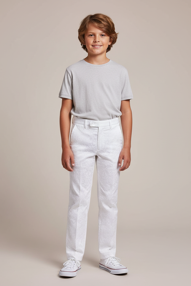 Pantalon Blanc Jacquard Coton Slim Élégant Enfant Motif