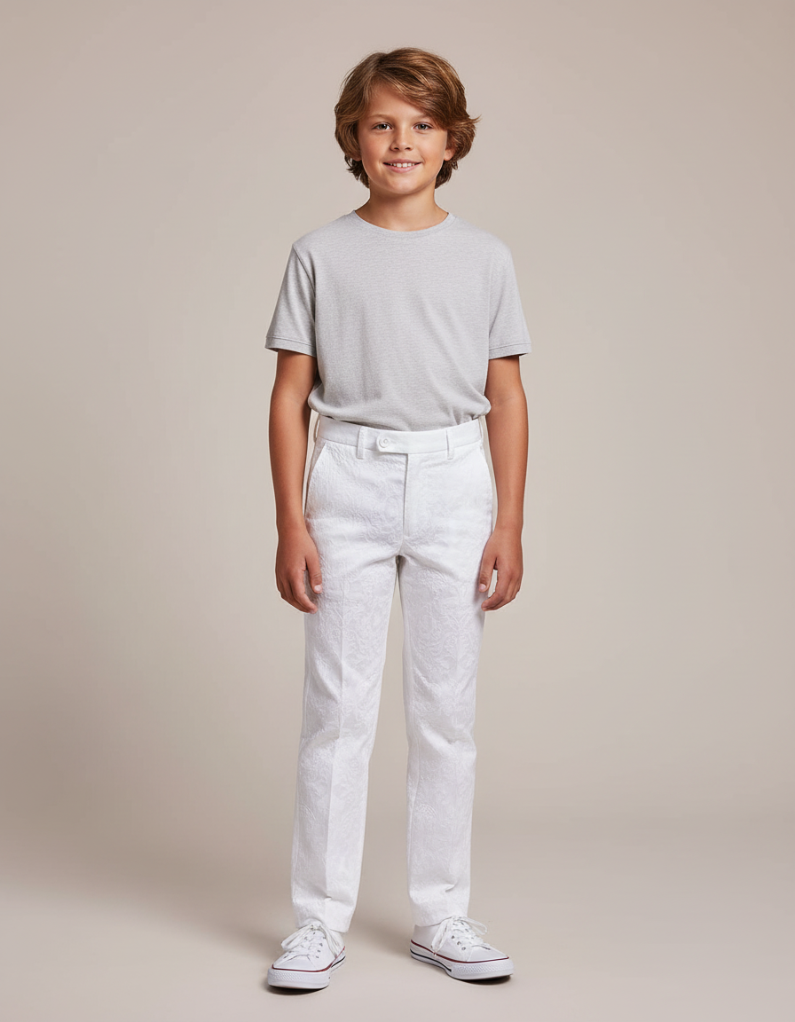 Pantalon Blanc Jacquard Coton Slim Élégant Enfant Motif