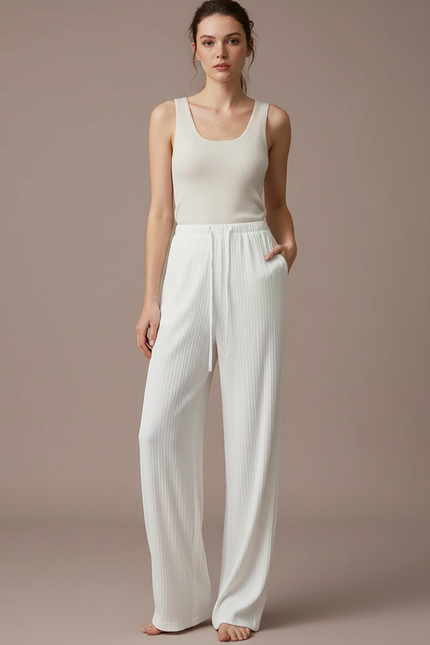 Pantalon Blanc Côtelé Ample Décontracté Confortable Femme - Maille