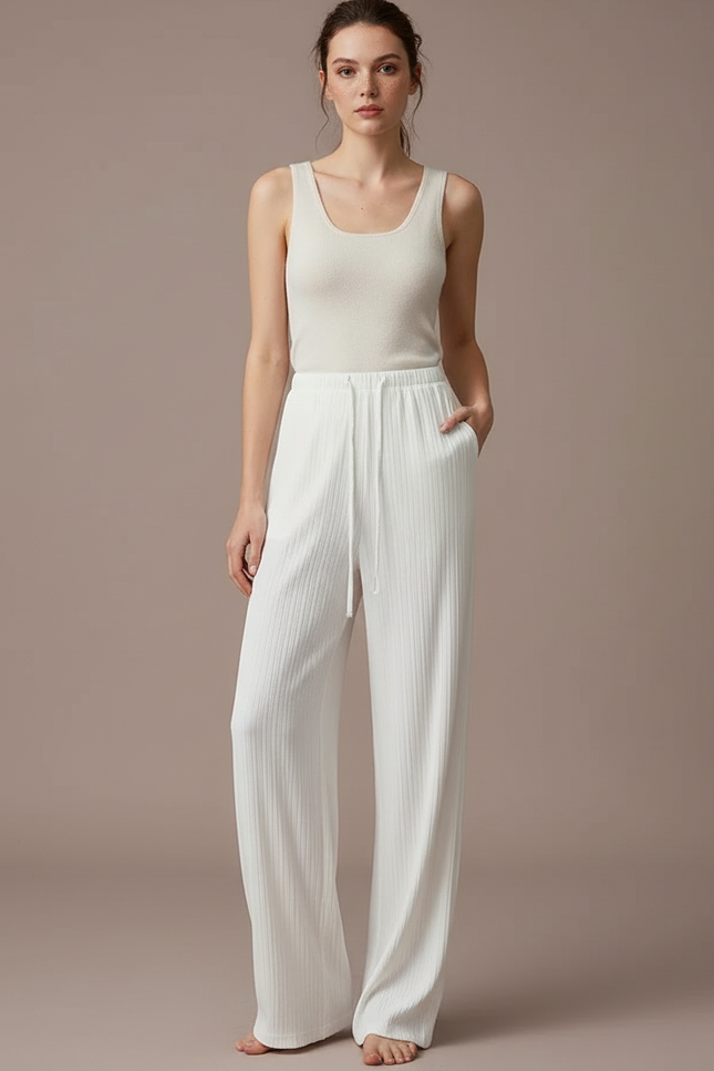 Pantalon Blanc Côtelé Ample Décontracté Confortable Femme - Maille