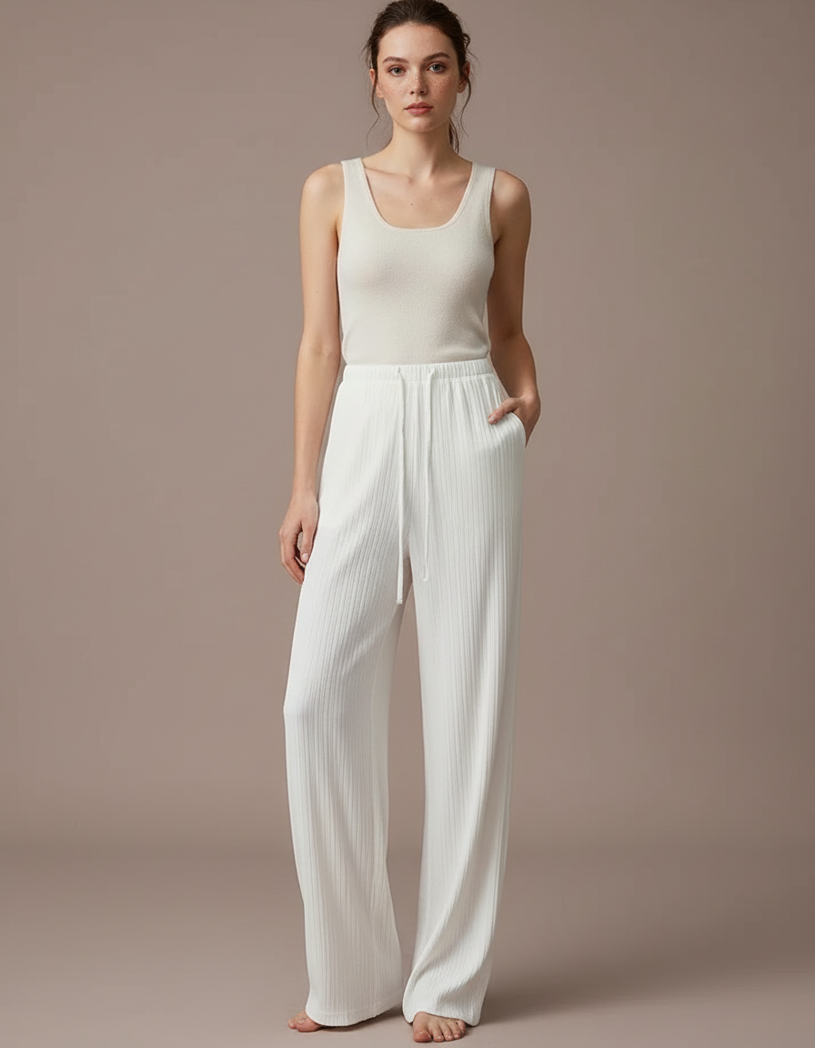 Pantalon Blanc Côtelé Ample Décontracté Confortable Femme - Maille
