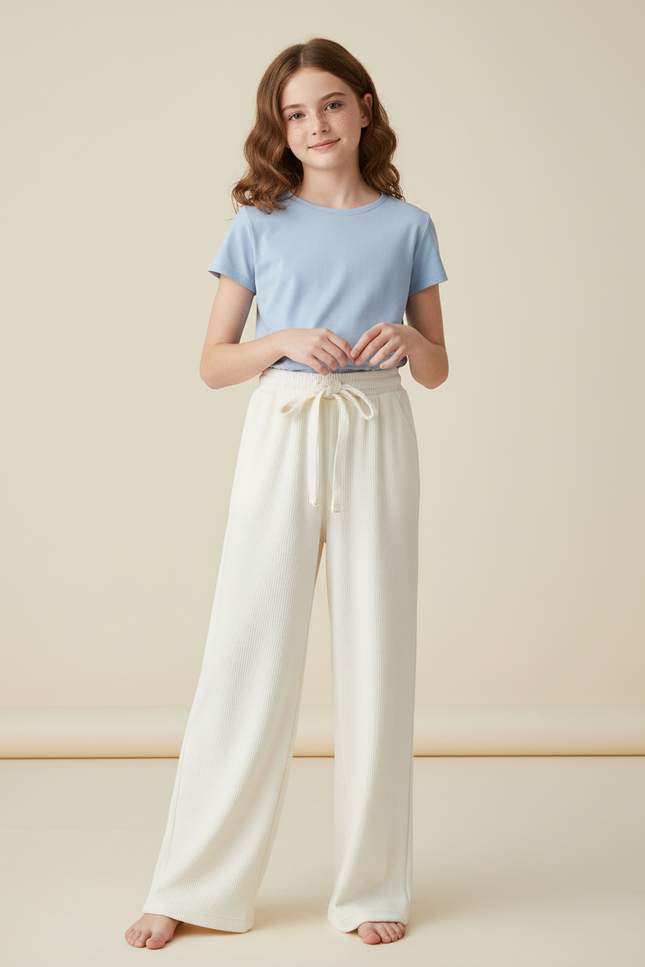 Pantalon Blanc Côtelé Ample Droit Confortable Enfant - Cordé