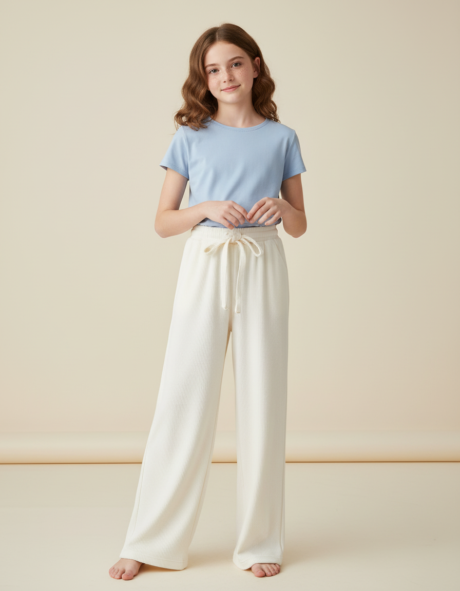 Pantalon Blanc Côtelé Ample Droit Confortable Enfant - Cordé