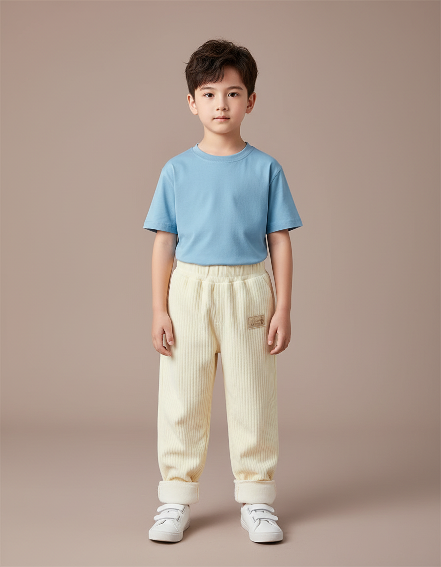 Pantalon Blanc Côtelé Ample Décontracté Hiver Enfant - Beige Cordé