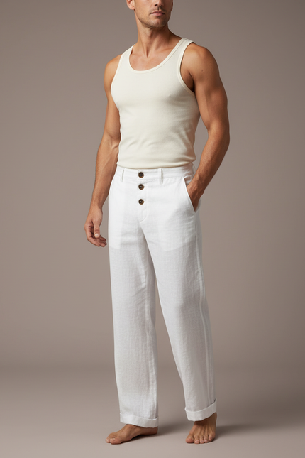 Pantalon Blanc Homme Lin Jambe Large Boutons
