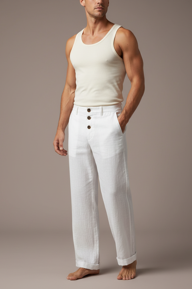 Pantalon Blanc Homme Lin Jambe Large Boutons