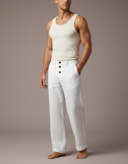 Pantalon Blanc Homme Lin Jambe Large Boutons