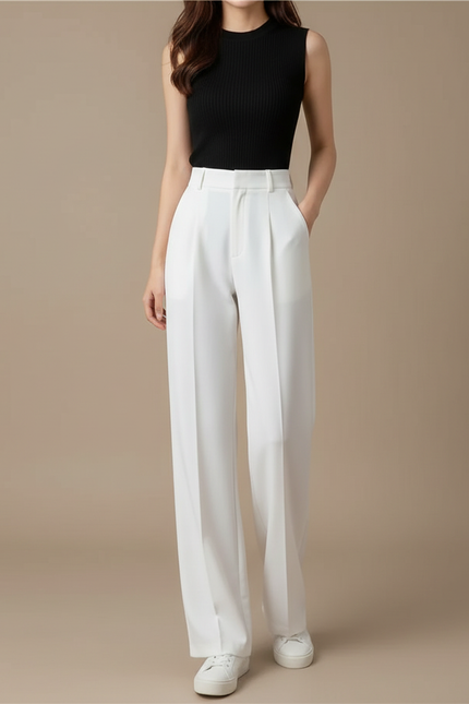 Pantalon Blanc Femme Taille Haute Fluide Décontracté - Polyester