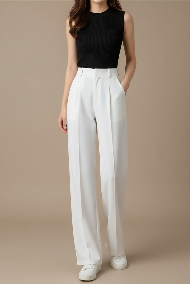 Pantalon Blanc Femme Taille Haute Fluide Décontracté - Polyester