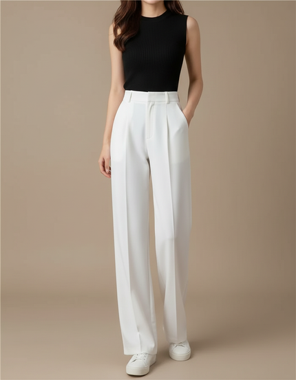 Pantalon Blanc Femme Taille Haute Fluide Décontracté - Polyester